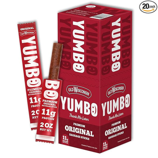 Old Wisconsin Yumbo Summer Sausage Snack Sticks, Ready to Eat, High Protein, Low Carb, Keto, Gluten Free, 20 Individually Wrapped 2oz Sticks, Original Flavor