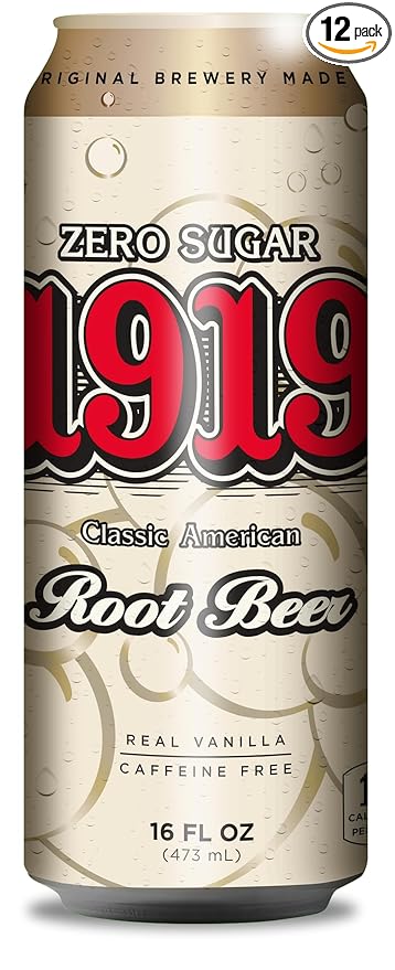 1919 Zero Sugar Draft Root Beer Soda, 16oz Cans, Caffeine-Free, Sugar Free and Real Vanilla, Small Batch, Creamy, Full Bodied, Family-Founded, Birthday Parties, Sporting Events, Made in USA, 12-Pack