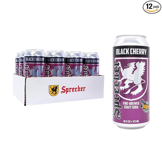 Sprecher Black Cherry Soda 16 fl oz Cans (12 Pack), Fire-Brewed with Real Honey & Door County Cherry Juice – Handcrafted, Caffeine-Free, Gourmet Beverage