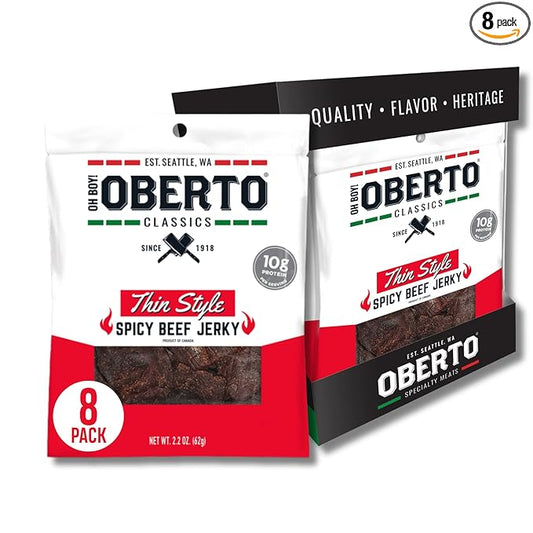 Oberto Classics Thin Style Beef Jerky, Spicy Flavor, No Artificial Ingredients, High Protein, Gluten Free, Wood Smoked, Premium Steak Beef Jerky High Protein Snacks, 2.2 Ounce (Pack of 8)