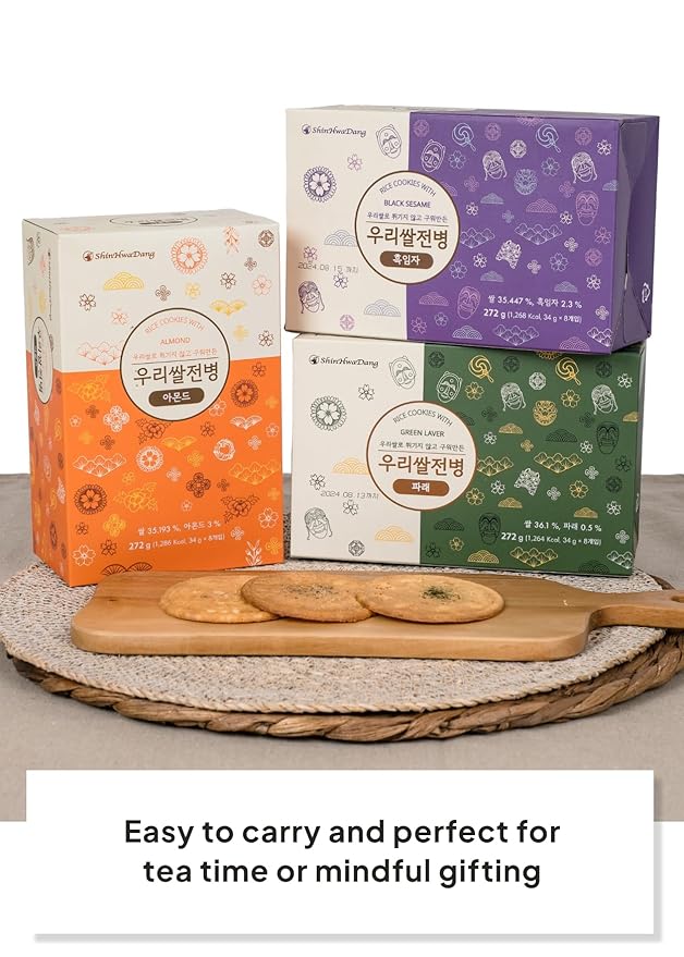 Korean Food Shinwhadang Korean Rice Wafer Cookie Gift Set (1.2 oz * 18 Packs) – Almond & Black Sesame & Green Laver (Seaweed) Flavors, Oven-Baked Crispy Rice Crackers (Total 21.6oz)