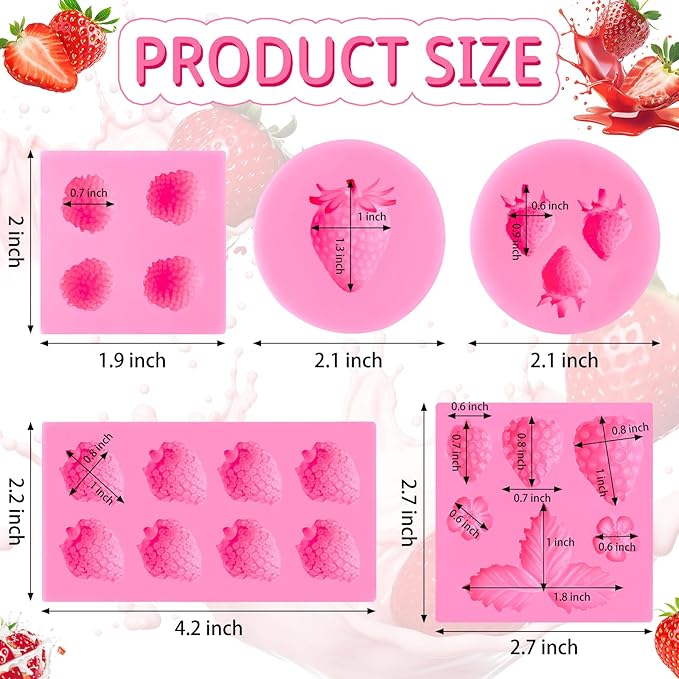 CLUEWR 5 PCS Silicone Strawberry Molds, 3D Strawberry Fondant Molds for Chocolate, Candy, Cake Decoration, Cupcake Topper
