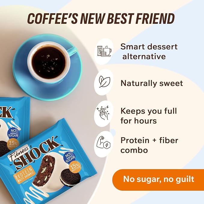 FitnesSHOCK Protein Brownie White Chocolate, No Added Sugar, 15%/7,5g Protein, 233kcal, Pre/Post Workout Snack - No Palm Oil, Filling dietary fibre, Soft Texture, 10x50g - Cookie cream flavour
