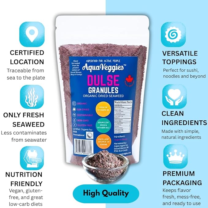 Aqua Veggies Organic Atlantic Dulse Flakes Granules 227Grams or 1/2 Lbs, Hand-Harvested, Sun-Dried Bay of Fundy