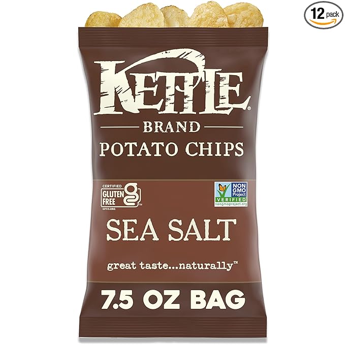 Kettle Brand Sea Salt Kettle Potato Chips, Gluten-Free, Non-GMO, 7.5 oz Bag (Pack of 12)