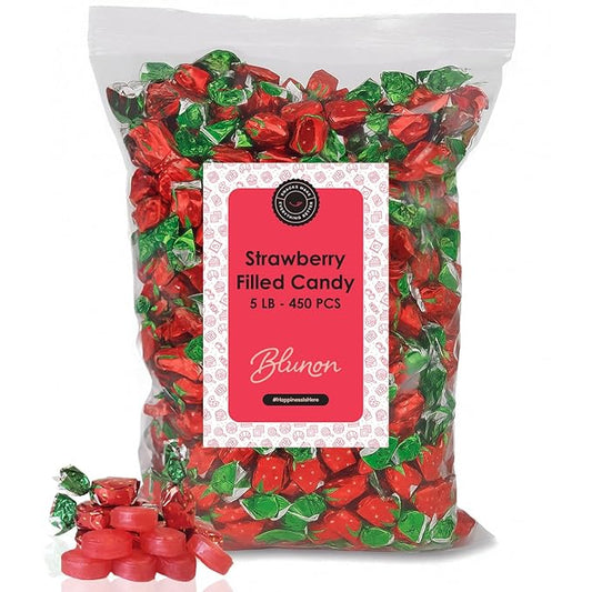Strawberry Hard Candy - Strawberry Filled Bon Bons - 5 Pounds Bulk Individually Wrapped Candies - 450 Pieces