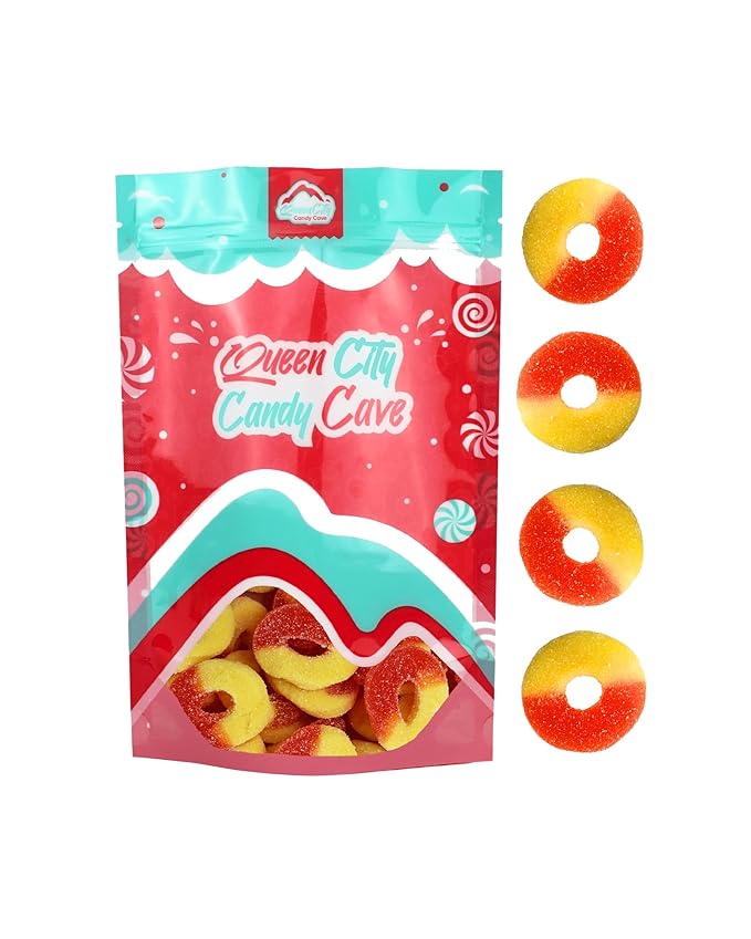 Gummy Peach Rings - Fresh, Soft, and Chewy Sugar Dusted Gourmet Peach Rings Candy Bulk, by Queen City Candy Cave (2 Pound)
