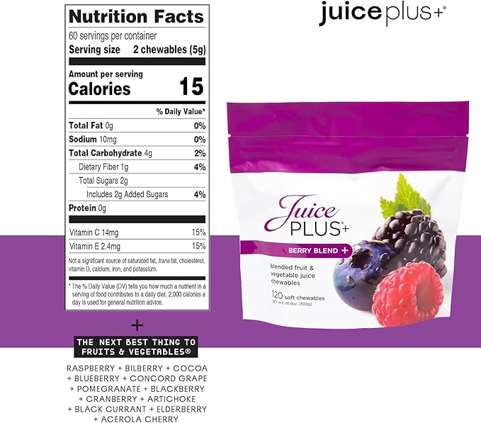 Juice Plus+ Berry Blend Soft Chews (Chewables) - Daily Nutrition from 12 Plants with Whole Fruit, Vegetable, & Berry - Raspberry, Bilberry, Blueberry, and More! for Adults and Kids - (1-mo, 30 Chews)