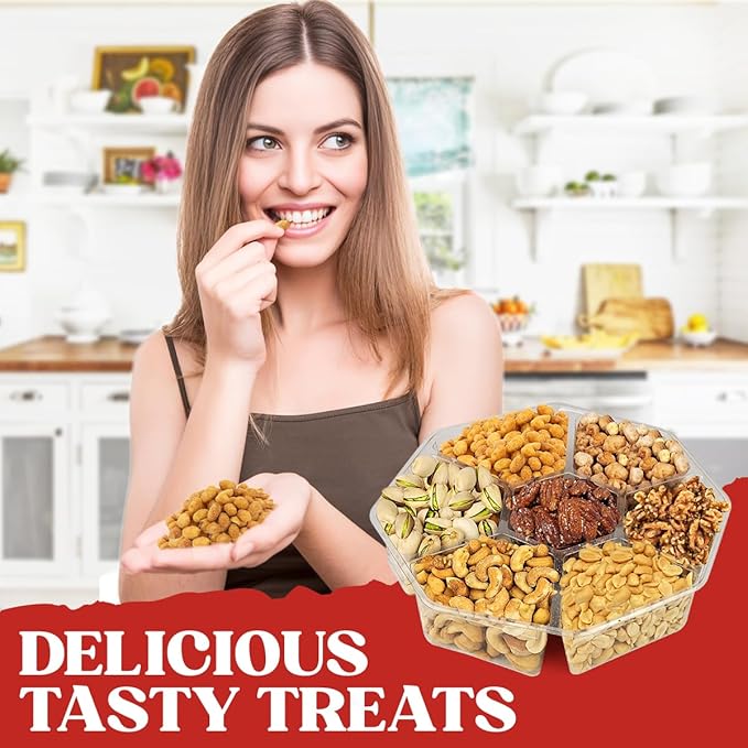 valentines day Nuts Gift Basket - 7 Sectional Platter With a Variety of Freshly Roasted Nuts - Beautifully Packaged Gift for Birthday, Sympathy. Large Family Pack.