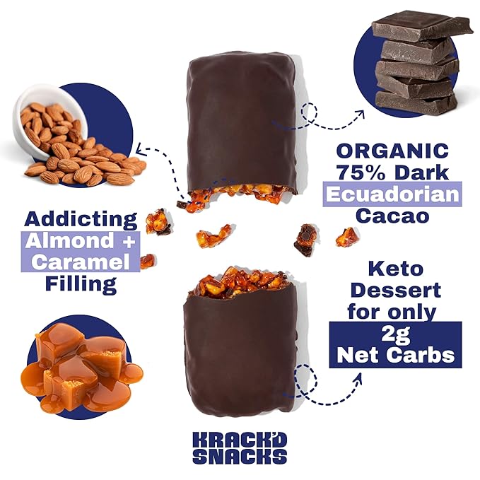 Krack’d Snacks Chocolate Snack Bars 10 Pk | Plant-Based Dark Chocolate Aloha Caramel with Almonds & Coconut | Gluten Free Candy Bars | Keto Chocolate Treats