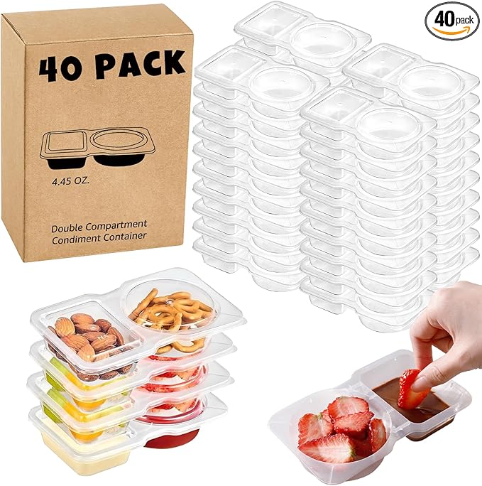 40 Sets Double Compartment Condiment Container, 2 Compartment Snack Containers, Disposable Food Containers with Lids for Sauce Snack, for Travel, Picnic
