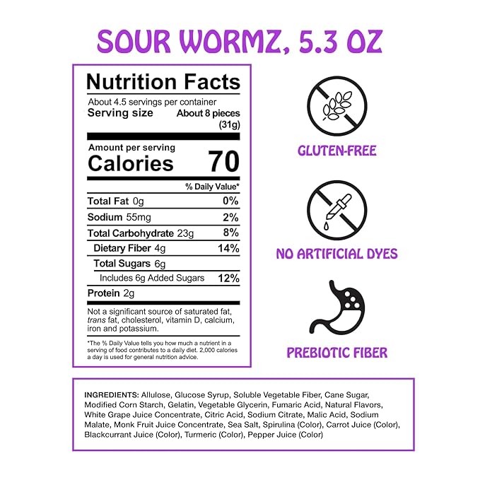 Rotten Sour Gummy Worms - Low Sugar, Low Calorie, 7g Gut-Friendly Prebiotic Fiber and 3g Protein, Gluten Free Candy - 5.3 oz Share Pack [2 Pack]