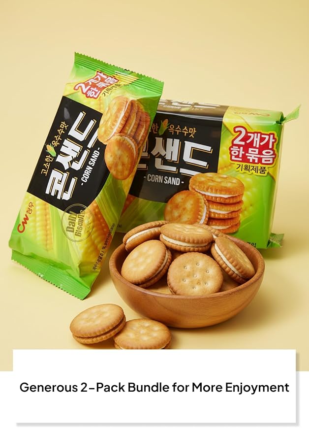 Korean Food CW Corn Sand Biscuits, Sweet Corn Cream Sandwich Crackers, 1+1 Family Pack (6 Packs x 2), Crispy Korean Snack (Total 12 Packs, 12.7oz)