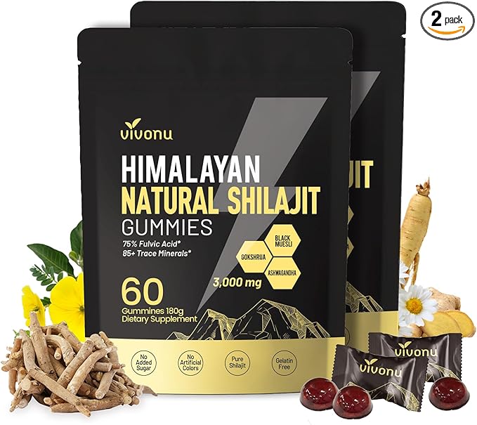 Himalayan Shilajit Gummies with Ashwagandha & Gokshura | 85+ & Fulvic Acid | Organic, Non-GMO for Men & Women | 100% Pure & Natural