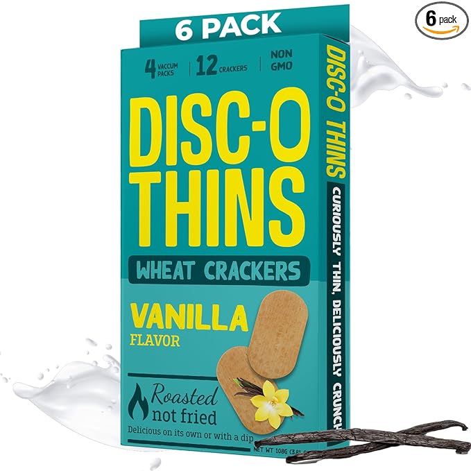 Disc-O Thins Roasted Wheat Crackers 72pcs (Vanilla)- Tea-Coffee On-the-go Snacks/ Healthy Breakfast Crackers- Ideal With Herbal & Black Tea or Coffee- Non GMO & Guilt Free Healthy Travel Snacks For Adults & Kids