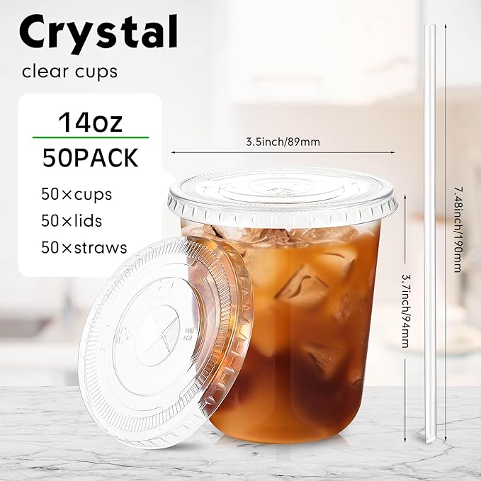 Ziliny 50 Sets Clear Plastic Cups with Lids and Straws, Disposable Iced Coffee Cups Drinking PET for Cold Drinks, Juice, Smoothie, Coffee Shops, Party, Christmas (Clear,14 oz)