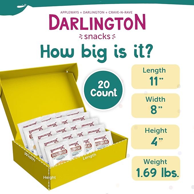 Darlington Shortbread Cookies Individually Wrapped Classic Soft Butter Cookies, 20 pk, 1 oz Single Serve Packs for Gifting, Lunchboxes & On-the-Go Snacks. Portion Controlled Short Bread Tea Biscuits