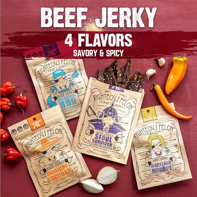 Righteous Felon Beef Jerky Variety Pack | Gluten Free Snack Packs for Adults | High Protein, Keto, Low Sugar | Made with Premium Meats | Valentines Day Gifts for Men | Spicy Jerky 4 Pack