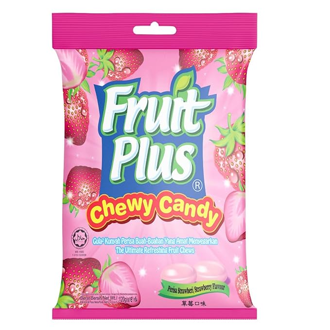 Fruit Plus Chewy Candy, Malaysian Individually Wrapped Bulk Candy, Fruit Snacks for Halloween Christmas Party, Non-Melting, 4.2 Oz Bag (Approx. 39 Count) (Strawberry)