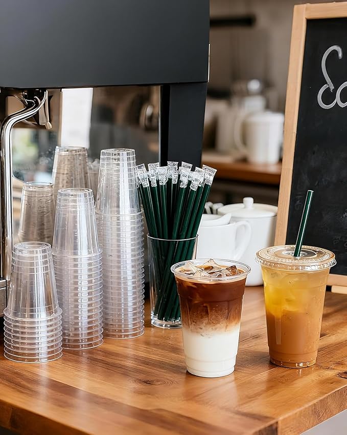 Goodluck 100 Pack 20oz Plastic Cups with Lids and Green Straws, Clear Disposable Iced Coffee Cups, Food Safe Cold Drink Cups for Bubble Tea, Smoothies & Shakes, BPA Free