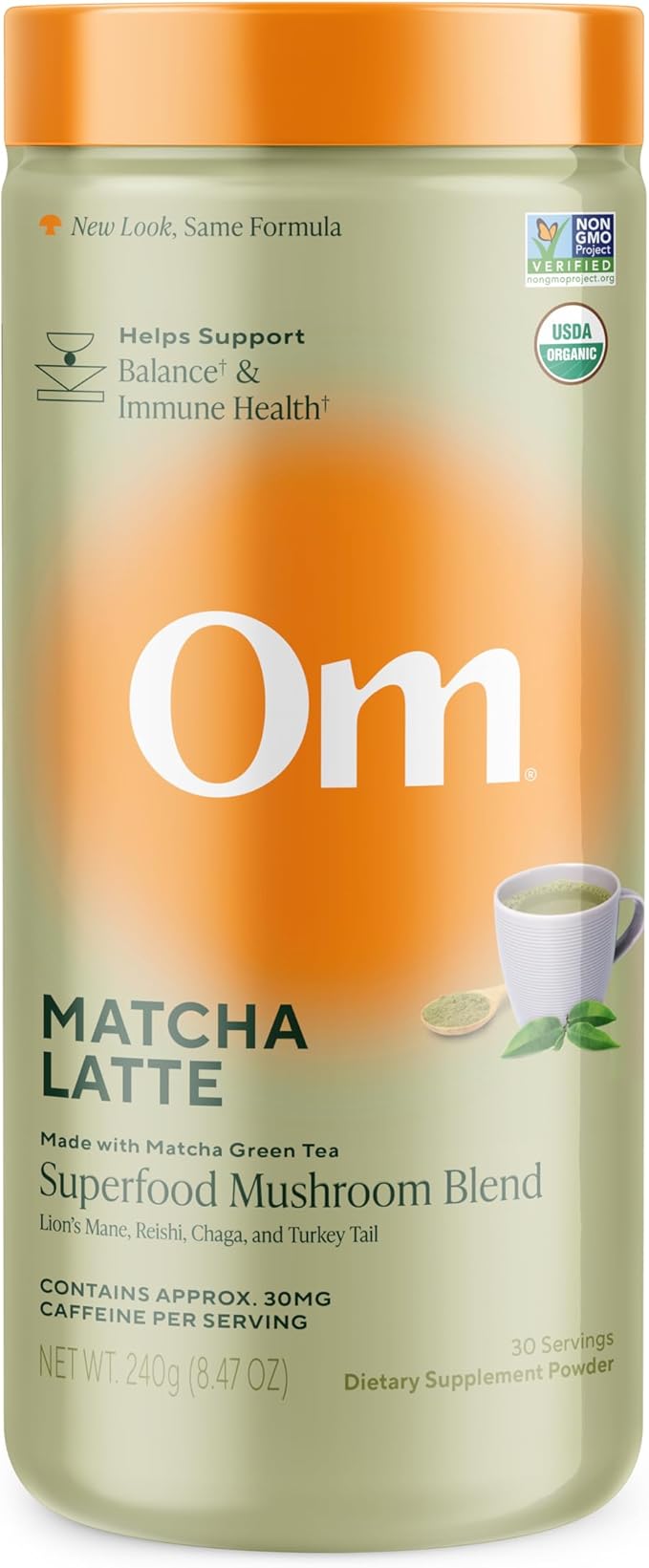 OM MUSHROOM SUPERFOOD Matcha Latte Blend – Green Tea Mushroom Powder with Lion’s Mane, Reishi, Chaga & Turkey Tail – Focus, Calm & Stress Support – 8.47 oz Canister (30 Servings)