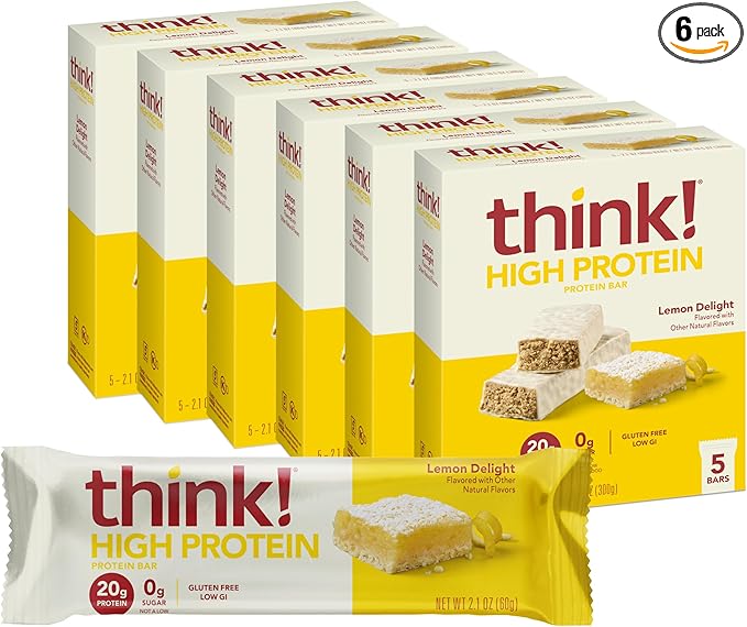 think! Protein Bars, High Protein Snacks, Gluten Free, Sugar Free Energy Bar with Whey Protein Isolate, Lemon Delight, Nutrition Bars without Artificial Sweeteners, 2.1 Oz (30 Count)