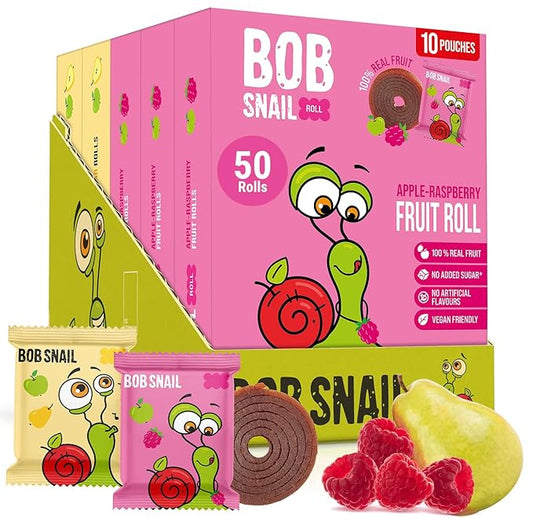 Bob Snail Fruit Roll Ups – 50 Natural Fruit Snacks (Pear & Raspberry), Vegan, No Added Sugar, Healthy On-the-Go Pack, 500g