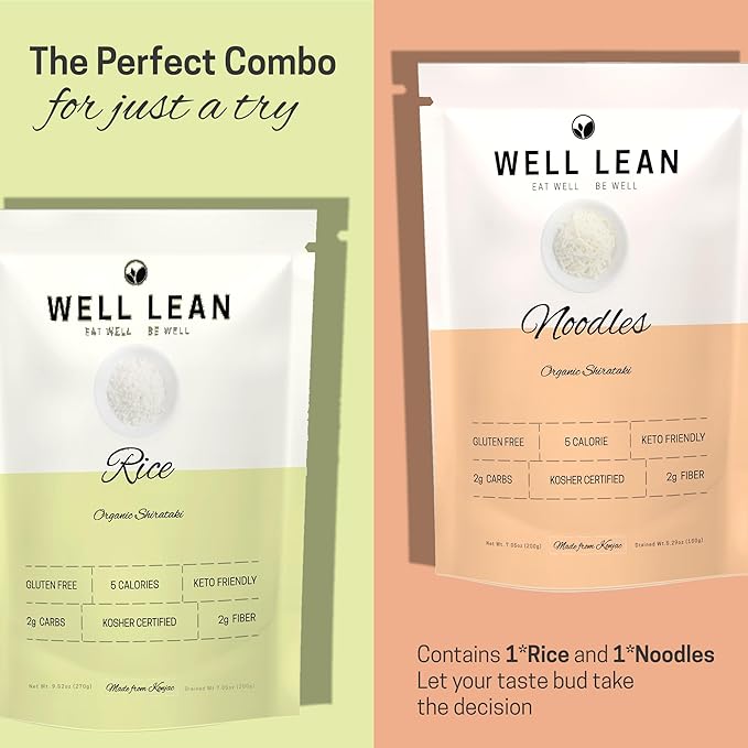 Well Lean Organic Konjac Noodles & Rice- Trial Set (2 Pack), Low Carb, Keto-Friendly, Plant-Based - 100% USDA Organic Shirataki - Healthy & Guilt-Free