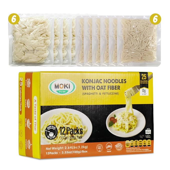 ‌MOKI Konjac & Oat Fiber Pasta Bundle - 12 Pack Low Carb Keto Shirataki Noodles, Low Calorie, Gluten-Free, Vegan, 0-Fat,Sugar Free,Paleo Diet Friendly (Spaghetti & Fettuccine, 3.53 oz Each)