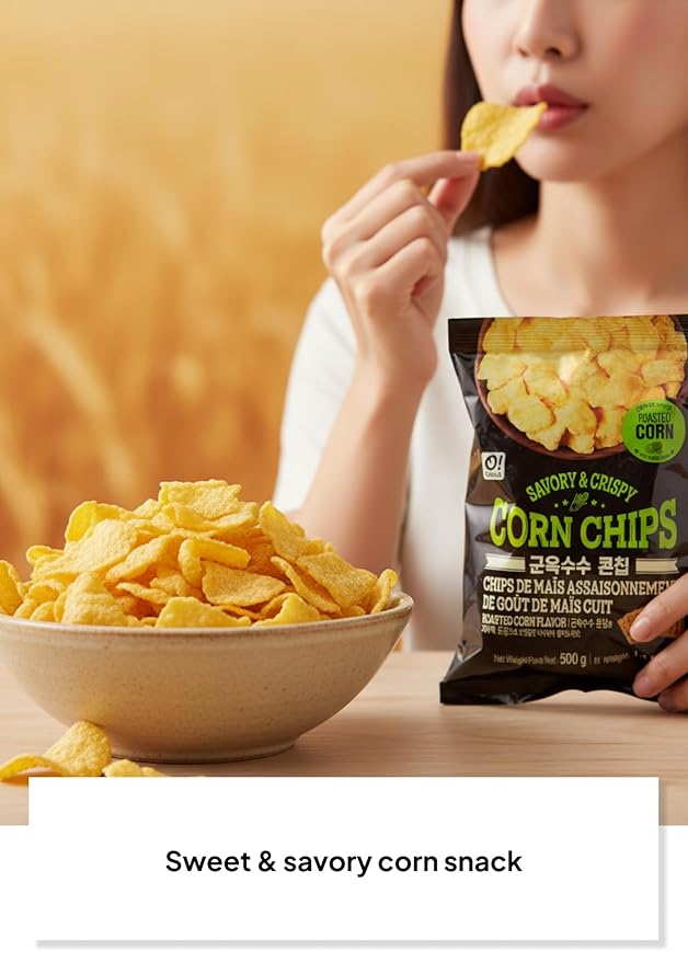 Korean Food O!Snack Corn Chips Roasted Corn Flavor, Savory & Crispy Corn Snack, Large 1.1 lb Bag (500g), Party Sharing Size
