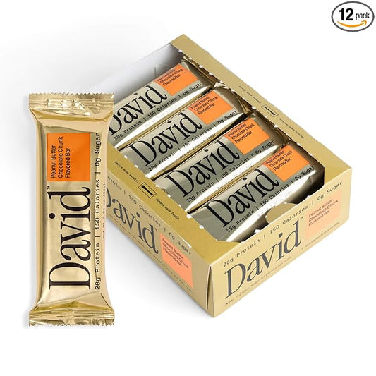 David High Protein Bars No Sugar - Sugar Free Protein Bars, Low Carb, Gluten Free - 28g of Protein, 150 Calories - David Bar On-The-Go Snack - Peanut Butter Chocolate Chunk Flavor, Pack of 12