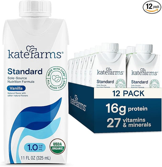 KATE FARMS Organic 1.0 Vanilla Nutrition Shake, 16g protein, 27 Vitamins and Minerals, Meal Replacement Shake 11 oz (12 Pack)