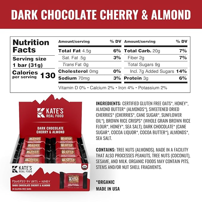 Kate’s Real Food Mini Organic Granola Bars - Dark Chocolate Cherry Almond (1.1 oz, Pack of 24) - Organic Energy Bars Made with Gluten Free Oats - Non GMO, Soy Free, Whole Grains, and All Natural - Healthy Snacks