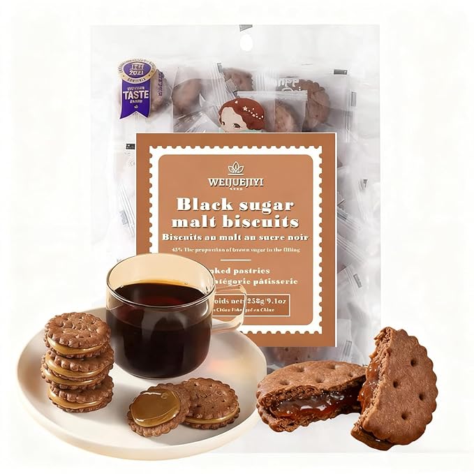 Traditional handcrafted flavor black sugar malt sandwich cookies 9.1oz per bag, individual small packaging, crispy and non-sticky, snack for afternoon tea, nostalgic Taiwanese flavor