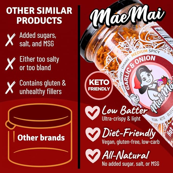 MaeMai Chili Crisp (MEDIUM HOT Spice) - Crunchy Spicy Onion & Garlic Flakes - All-Purpose Seasoning, Topper | Chili oil WITHOUT THE OIL. Crunchy condiment for ramen, rice, salad. 5.47 oz Resealable Bottle