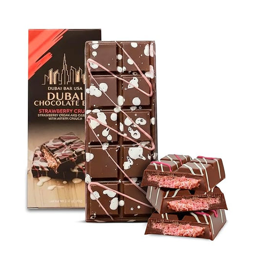 Dubai Chocolate Bar Strawberry Crush – 2.47oz Premium Chocolate with Strawberry & Crispy Kataifi Filling – Dubai Knafeh Dessert Inspired – Made in USA (1 Pack)
