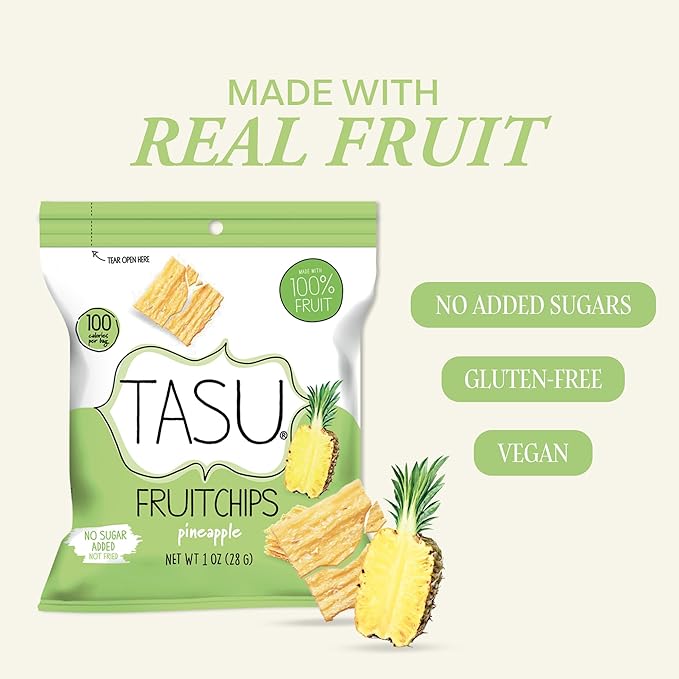 TASU Pineapple Dried Fruit Chips - 100% Natural, Crispy, Crunchy, and Allergen-Free Healthy Snacks for Kids & Adults, Vegan, Gluten-Free, No Added Sugar, No Oils Added, Perfect for Lunch Bags and On-the-Go Snacks | 12 Pack (1 Oz Each)