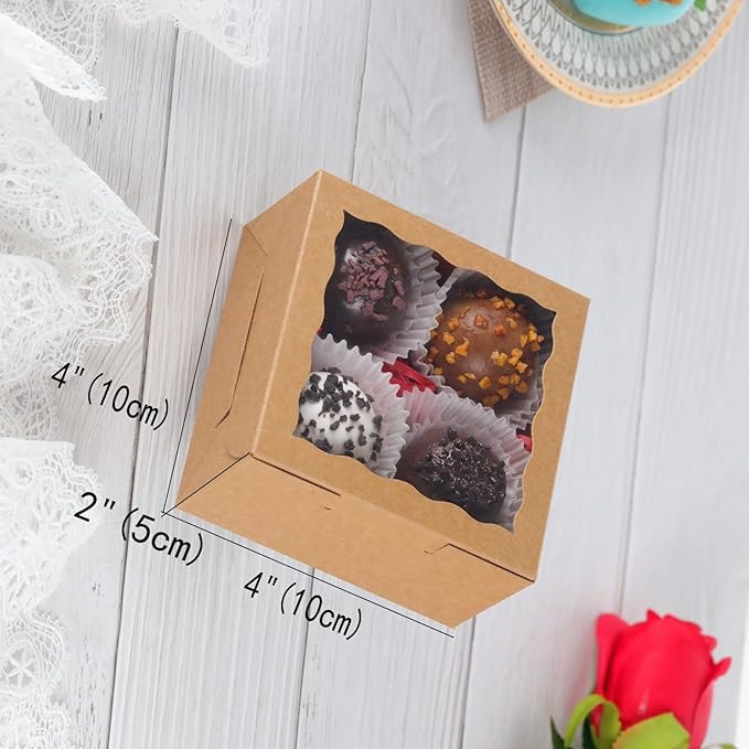 JCXGRVC 100 Pack Cookie Boxes with Window 4x4x2 Inch,Bakery Boxes, Chocolates Strawberries,Treat Boxes, Mini Cake Boxes, Pastry Dessert Boxes for Candy, Cupcakes- Brown Paper