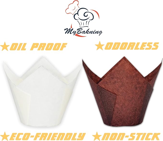 MyBakning (Jumbo Extra Large size) Brown+White Tulip Baking Cups 2-1/4"(Base diameter) x 3-3/4"(Wall height) Greaseproof paper baking cupcake Muffin liners, Case of 130 pcs