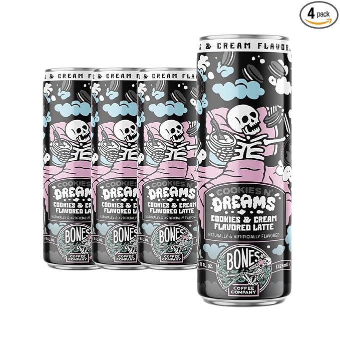 Bones Coffee Company Cookies N' Dreams Latte Flavored Coffee, Medium Roast Ready To Drink Iced Coffee in Can, 11 Fl Oz Can (4 Pack)