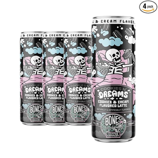 Bones Coffee Company Cookies N' Dreams Latte Flavored Coffee, Medium Roast Ready To Drink Iced Coffee in Can, 11 Fl Oz Can (4 Pack)
