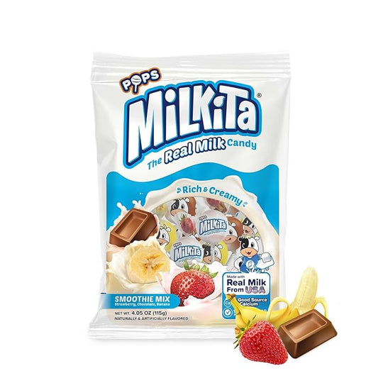 Milkita The Real Milk Candy Lollipop Bag – Low-Sugar, Healthy Sweets with Real Milk for Kids & Adults – Fat Free & Gluten Free Candy with Calcium (Strawberry, Chocolate, Banana - 10 Pcs)