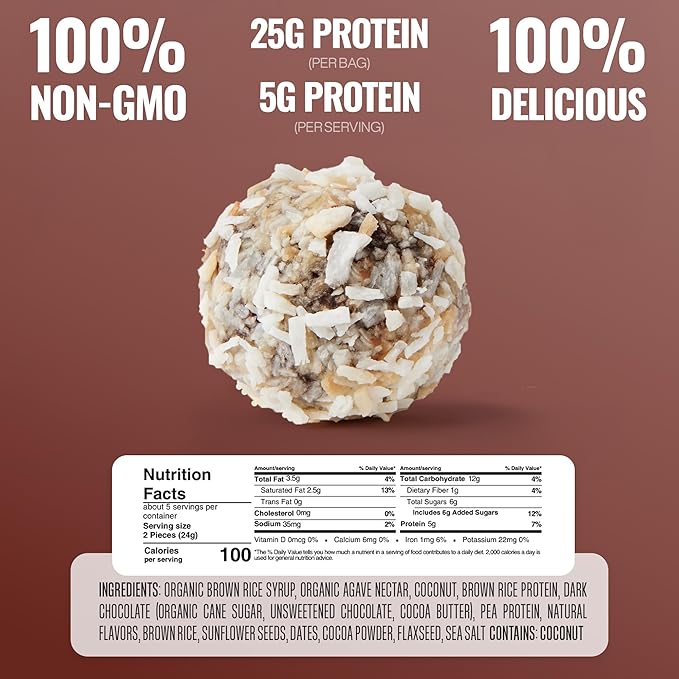 The GFB Dark Chocolate Coconut Protein Bites - Gluten Free, Plant Based, Non GMO, Sustainably Made – Ridiculously Tasty, Healthy, Vegan, Protein Energy Balls, 4 oz (4 Count)