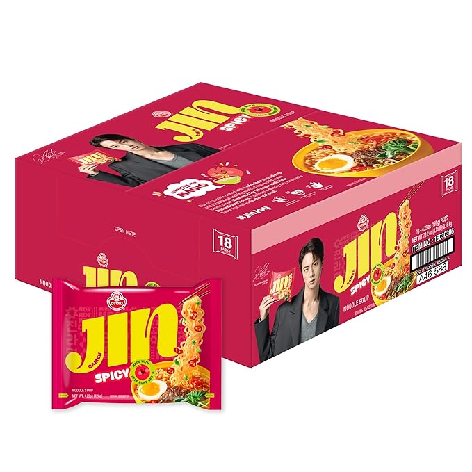 OTOKI Jin Ramen (SPICY), BTS Jin & JIN RAMEN edition without BTS Jin Sticker, Authentic Korean Instant Noodles, Rich and Savory Beef Broth, Quick and Easy Meal 4.23 oz x 18 Pack (1 Box) (PACK OF 18, SPICY)