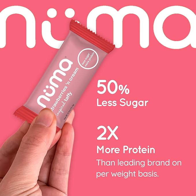 Numa Taffy Candy - Strawberries and Creme Made w Real & Simple Ingredients - Low Sugar, High Protein, Low Calorie, All Natural, Gluten Free - 3 Bags with 10 Individually Wrapped Chews Each