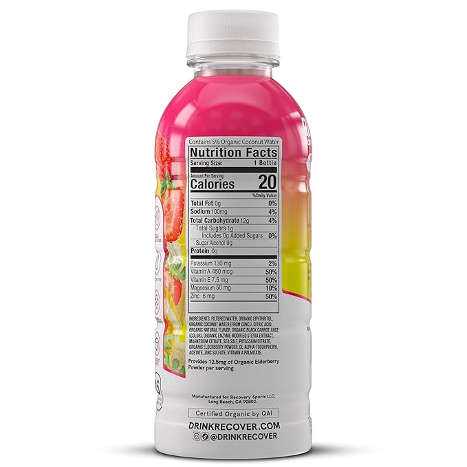 RECOVER 180 Organic Sports Hydration Drink, No Sugar Added, 20 Calorie Sports Beverage, Organic Flavors With Vitamins, Potassium-Packed Electrolytes (16.9 Fl Oz (Pack of 12), Strawberry Banana)