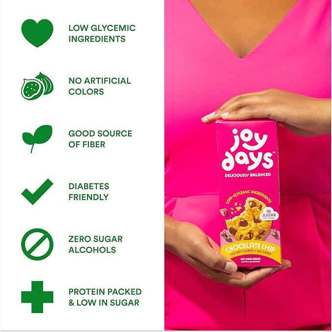 Joydays Chocolate Chip Cookies, 63% Less Sugar and High Fiber Snack, Plus Protein – Made for Balanced Nutrition, Healthy Snacks for Adults and Kids Pack of 3, Pack of 3 (3.88 oz Each)