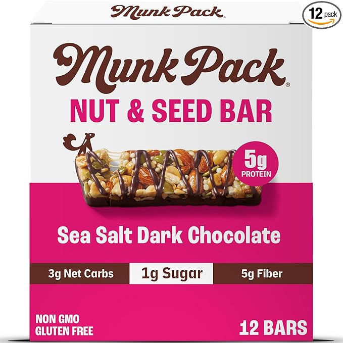 Munk Pack Sea Salt Dark Chocolate Nut & Seed Snack Bars | 5g Protein, 1g Sugar, 3g Net Carbs | Plant-Based, Low Sugar, Non-GMO, Gluten-Free Snacks | 12 Count (4.92 oz)
