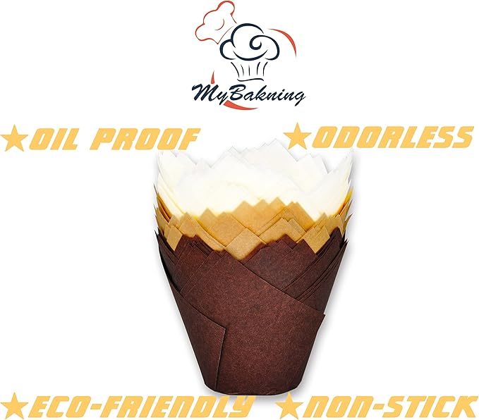MyBakning (JUMBO EXTRA LARGE size) Natural+Brown+White Tulip Baking Cups 2-1/4"(Base diameter) x 3-3/4"(Wall height) Greaseproof paper baking cupcake Muffin liners, Case of 130 pcs