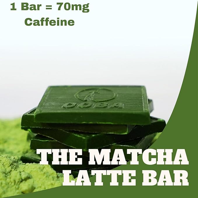 COBA Caffeinated Coffee Chocolate [1 Bar = 1 Cup of Matcha] - Energy Boost, Portable, All Natural Caffeine for Gym, Travel, Daily Use - Gluten Free, Non GMO (8 Pack, Matcha)